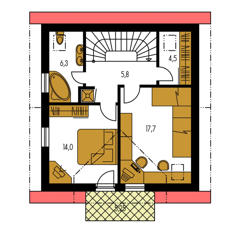 menší 3-izbový podkrovný projekt rodinného domu na užší pozemok